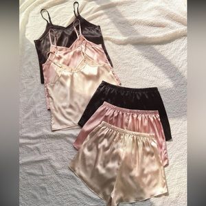 3 Pair Satin Pajama Set, Black, Champagne, Pink